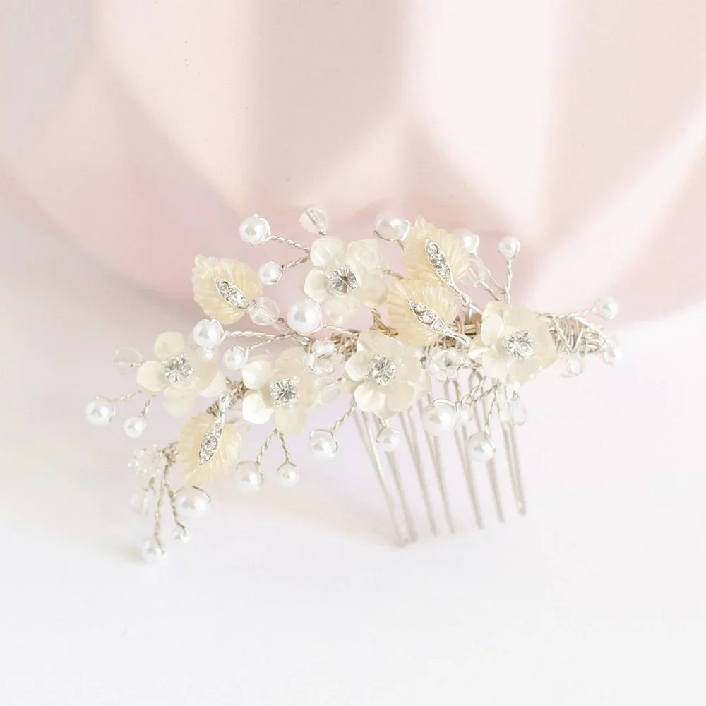 Wedding Bridal Hair Clip Comb Crystal Rhinestone Beaded Silver with Ivory - Picture 1 of 4